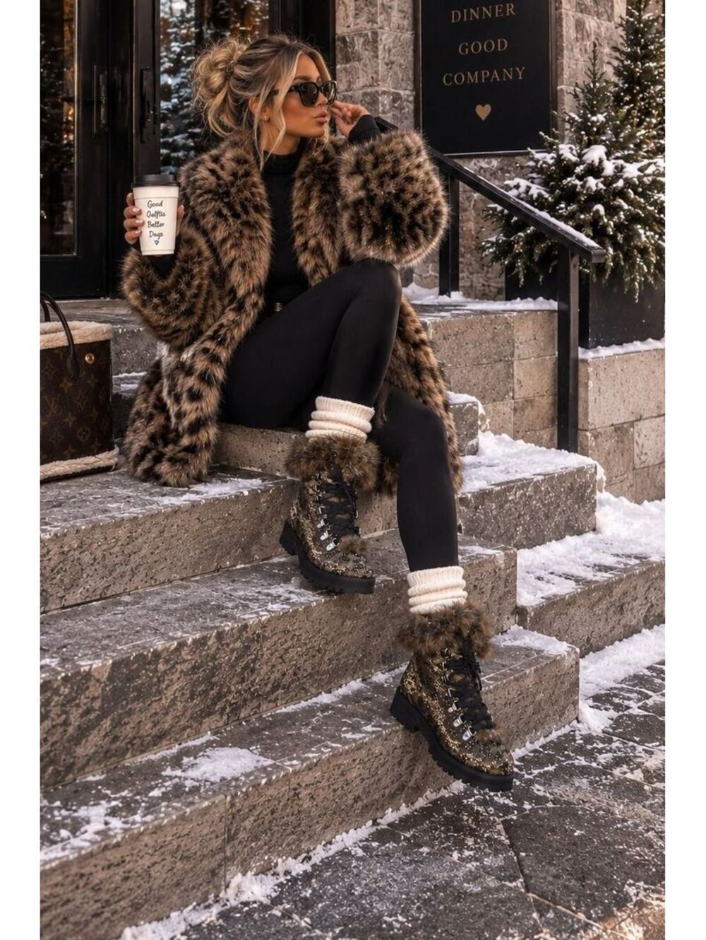 Jessica Simpson Norina Leopard Rhinestone Faux Fur Hiker Boots 6.5 NWOB